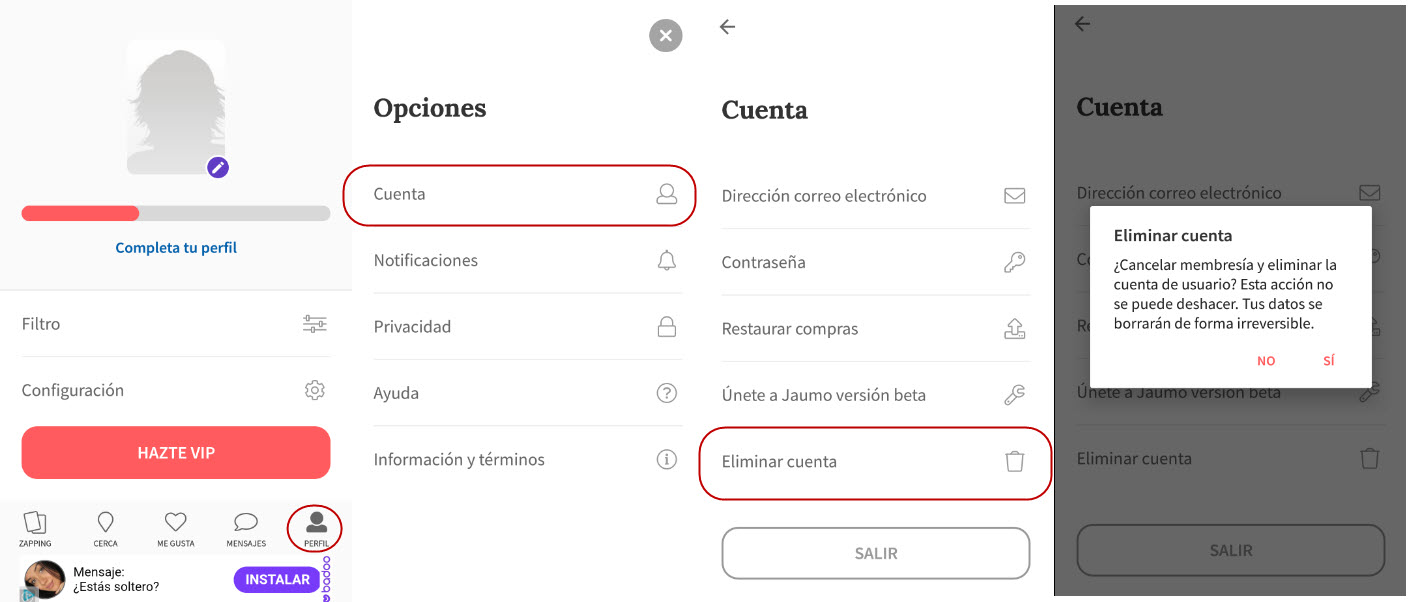 como darse de baja en Jaumo gratis